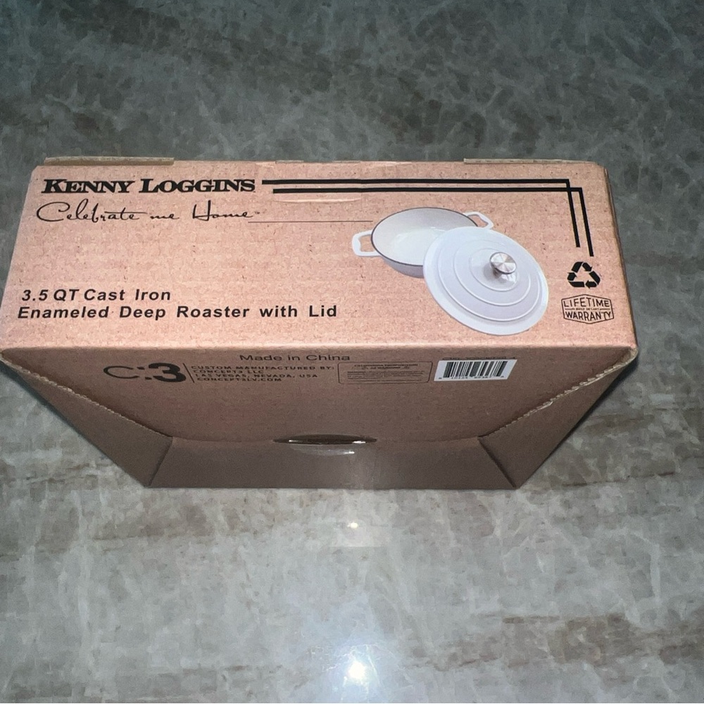 Kenny Loggins 3.5qt Enameled White Cast Iron Deep Roaster with Lid. New.